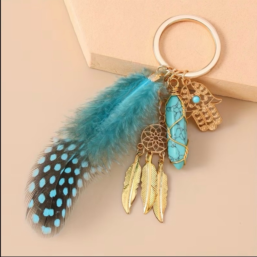 Turquoise Feather Dreamcatcher Pursecharm keychain - Women Accessories